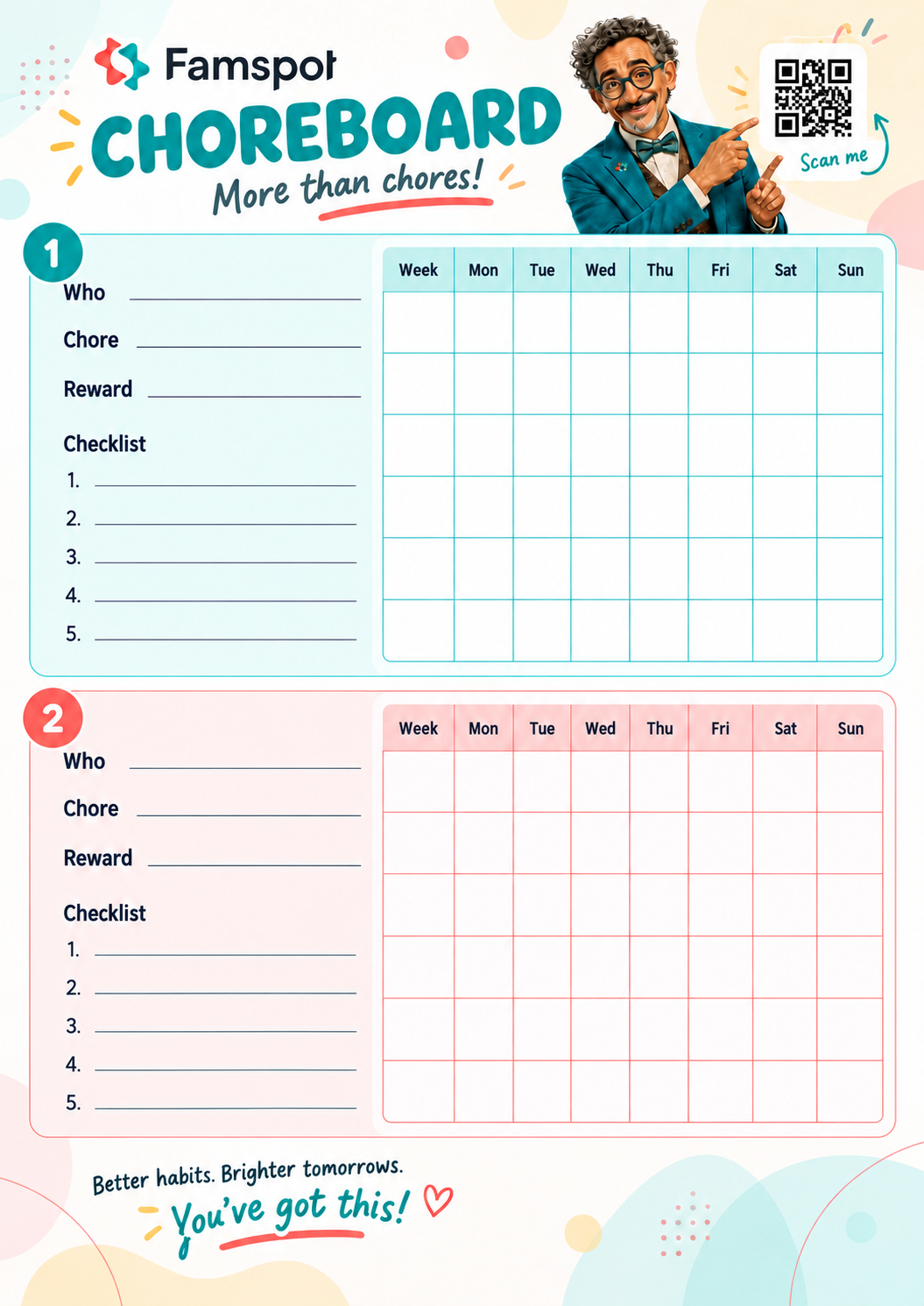 Famspot magnetic Choreboard with four colour-coded sections and weekly progress tracking